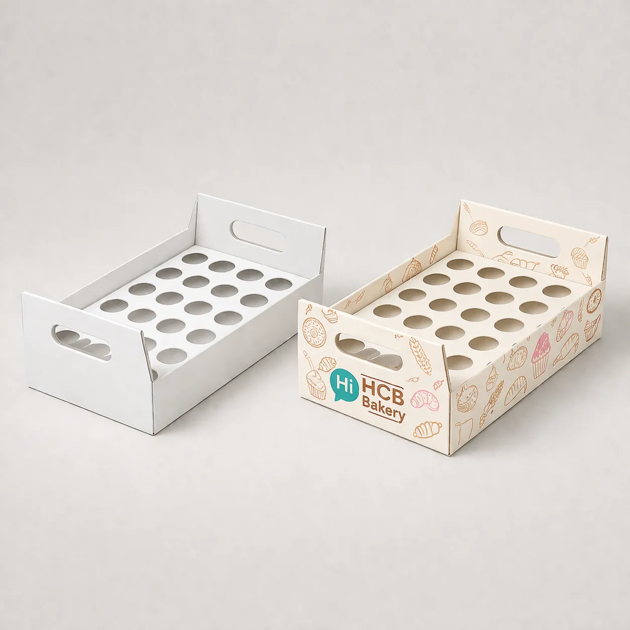 Two square two-piece rigid boxes, one plain white and one featuring a teal wave medicinal design. class=
